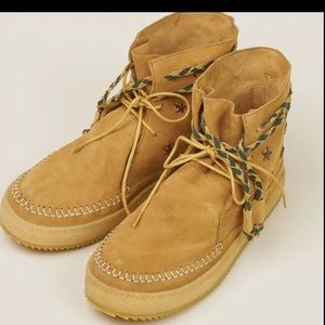 Laidback London suede bootie, sheep wool insoles, metal stars, adjustable  laces